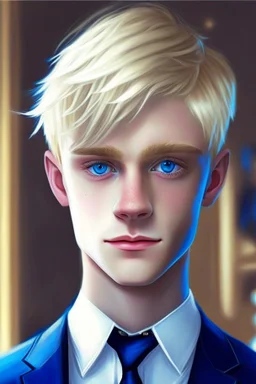 A cute Twink boy, blonde haircut, blue eyes, suit in party