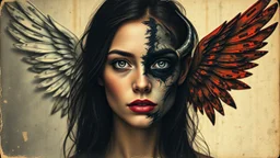 old worn postcard, Portrait Light and darkness in one person, angel and demon in one person, abstract art additional colors small details,