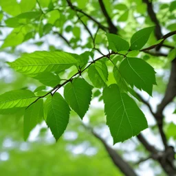 A tree branch with several green leaves on it