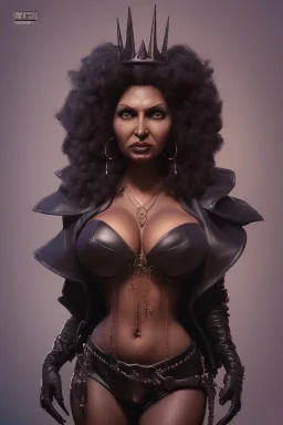 Pam Grier as evil queen in black leather, leather, busty, cleavage, angry, stern look. character design by cory loftis, fenghua zhong, ryohei hase, ismail inceoglu and ruan jia. unreal engine 5, artistic lighting, highly detailed, photorealistic, fantasy