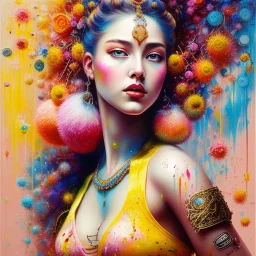 iv_a painting of a young woman, figurative art, an acrylic detailed painting, , brush strokes, paint drips and drabs and splatters by Harumi Hironaka, turquoise pink and yellow, james terrell art, trending on artstation, soft lines,intricate art by bastien lecouffe deharme and greg rutkowski