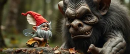 close up on pixie gnome and a giant troll intense huge funny mouse, with background motion blur, in magical forest scene, in the style of Rembrandt