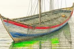 Drawing of a fishersboat, high detail, realistic, pencil drawing, colorfull, small boat, row boat, fishing, fisherman, fishing net.