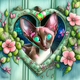 A chocolate point Oriental shorthair siamese kitten peeks out from a heart-shaped opening in a weathered turquoise door,surrounded by delicate pink flowers & green vines.The kitten's large,expressive eyes & soft fur create a charming & whimsical scene.realistic watercolor illustration vampiress, gothic attire, moonlit, alluring grin