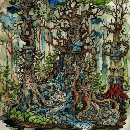 Intricate watercolor and ink rendition of a gnarled Art Nouveau Forest inspired by the art of Kiki Smith, Glenn Murcutt, Charles Rennie Mackintosh, Jamie Heiden, Henry Moret, Scott Naismith, Pierre Bonnard, Charles Maurice Detmold, William Timlin, Paolo Roversi, Malcolm Teasdale, mixed media elements, 3D modeling, award-winning composition, ultra detailed, high definition quality, breathtaking surreal masterpiece