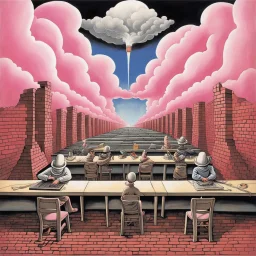 Another brick in THE WALL, students sitting at desks on conveyor belt going into a furnace, style by Gerald Scarfe and Yves Tanguy, rock album cover, deep colors, surrealism, moody dreamscape, cloud elements, Pink_Floyd aesthetics