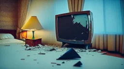 broken flat-screen television in hotel room with angry owner