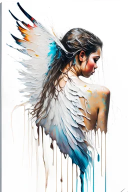 A detailed illustration of a beautiful young female human with growing out of her back. Her skin, hair and face are all made of paint. Her wings are spread. Highly detailed flawless facial features and eyes. Abstract Oil painting splash art. White background, wide angle, abstract design, beautiful, thick flowing paint strokes, dripping paint, fantasy art, modern art, ((soft happy complimentary colors,)) modern aesthetic, focused on the character, 4K resolution.