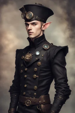 24-year-old, mischievous-looking elven male in black steampunk uniform without hat