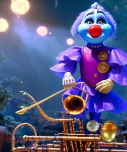 mechanoid clown playing jazz with a steampunk theme, trumpet, realistic