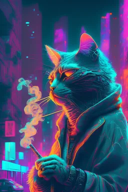Thug cat smoking in neon city
