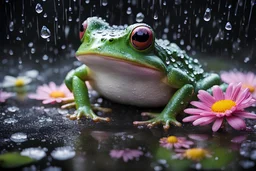 Create a high-definition image of a rainy landscape in which a frog is drenched under a flower in crystal style art frog is looking up at raindrops from colorful daisy petals on a black background, sheltering from the rain.