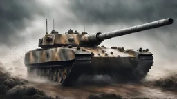 WW2 TIGER TANK races towards the viewer, seen from ground level. The tank has a large gun and machine gun. The tank looks scary and powerful. It is pouring with rain. Photo realistic, epic, cinematic, full colour.
