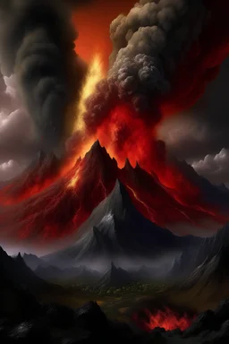 Create a highly realistic image of a volcanic eruption with vibrant lava flows, billowing ash clouds, and realistic surrounding landscape, emphasizing the intense and dynamic nature of the event.
