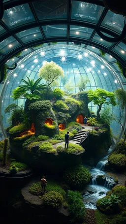 Giant Terrarium with perfect eco system. Humans living inside. Terraformed living spaces. Hydro powered electricity. Sony Alpha 7 50mm 1.8,medium shot, high-resolution image with fine details, citrine, ultra detailed,ultra realistic,extremely realistic,intricate,photorealistic,epic composition,masterpiece.