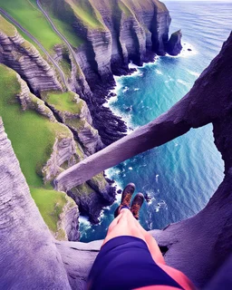 from the point of view of a rock climber, look down at the ocean rocks below as you climb high into the bluffs of ireland. holding on to the cliff face, the ocean below storms and swirls around a giant whirlpool, a great pit in the ocean