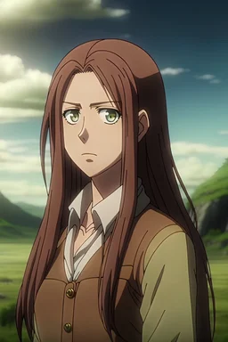 Attack on titan screencap of an female. straight shoulder long brown hair with brown eyes. Beautiful background scenery. Season 2