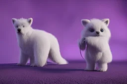 A photo of a white fur monster standing in a purple room