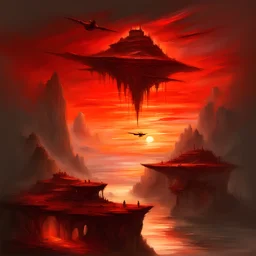 FLYING ISLANDS ON THE BACKGROUND OF A SCARLET SUNSET, dark tones, oil and pencils,, Raymond Swanland & Anna Dittmann