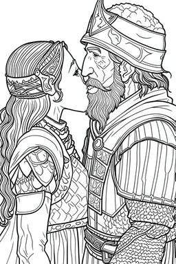 Fantasy coloring page, minimal detail. HD. Woman kissing an older male knight with a beard. No background detail.