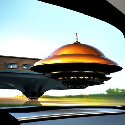 award winning photograph of a steampunk house-fly ufo designed by only one vehicle per image painted metallic orange traveling at a high rate of speed, jet intake off of front center of vehicle and jet exhaust out the rear bilaterally symetrical,