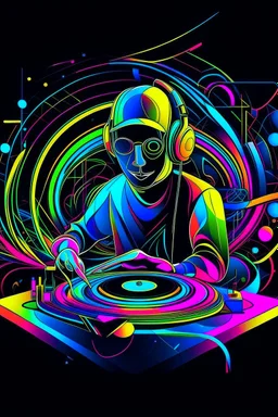 Dj musician in vibrant multicolor modern minimalist 3d rendering black lines and stylized rube goldberg of mixed 3d shapes composed