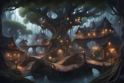 Magischer Marktplatz, umgeben von Häusern in verschiedenen Baumwurzeln, verbunden mit Brücken, im düsteren Fantasystil.
