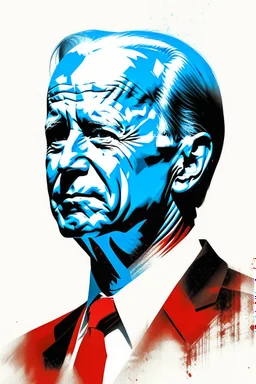 stylized stencil portrait of Joe biden in solid red, beige and (light and dark) blue with the the script "повиноваться" overlaid on the bottom of the image in red