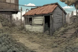 shed, overgrown apocalyptic city background, comic book,