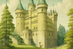 A pale greenish yellow castle made out of bricks painted by Henri Robert-Bresil