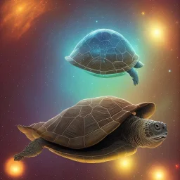 Digital art of a Big Wise turtle with sunglasses holding a wooden rod, background galaxy