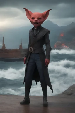 full body, head to toe, 3D, an anthropomorphic vampire bat, with short, pixie-cut, (((red hair))) tapered on the sides - full color - 32k, UHD, 1080p, 8 x 10, glossy professional quality digital photograph - raging sea and mountains and a ship in the background, historic, powerful, exquisite detail, sharp - focus, ((skin details, high detailed skin texture))