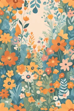 "Create an adorable and playful illustration featuring a garden of colorful flowers and leaves. Use a warm and inviting color palette with shades of orange, yellow, blue, and green. suitable for a children's design. Surround with various whimsical flowers, leaves, and small decorative elements, maintaining a soft, pastel background to enhance the overall charm and appeal of the scene. The design should evoke a sense of joy and wonder, perfect for children's decor or nursery items."