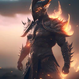 Photoreal magnificent fantasy muscular floating dragonfire warrior god in ultra powerful dragonbone armor in mystic rising mist at early dawn by lee jeffries, 8k, high detail, smooth render, unreal engine 5, cinema 4d, HDR, dust effect, vivid colors