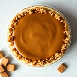 Top-view shot of a creamy Lotus Biscoff cheesecake without plate. The cheesecake features a smooth caramel-colored top layer made from Biscoff spread, garnished with crumbled Biscoff biscuits around the edges. The lighting is soft and natural, highlighting the glossy texture of the topping and the rich details of the biscuit crumbles. The background is minimalistic, with subtle tones that keep the focus entirely on the dessert.
