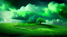 Phantasy landscape with dramatic cloud in spring green color