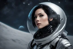 Photo of a Sci-fi woman, with black hair, wearing a silver and black spacesuit looking like an android, on an alien planet