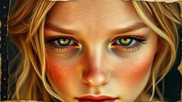 old paper worn edges, Fantastic blonde - mother nature, her skin is scales, golden tears, hyperrealism, sharp focus, 8K, hyperrealist, ultra HD, textured textures, alcohol ink, fine rendering,