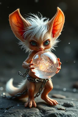 glorious transparent transcendent cute hairy gremlin elf fairy fox holding ball in chain, built as bubble wrap art