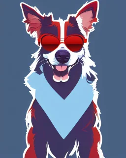 Vibrant, fun t-shirt design of a stylish Australian Shepherd dog with cool sunglasses and relaxed demeanor. The coat is a gradient mix of blue, red and white. The background is a fun red heart-shaped silhouette. The overall design is visually striking and would turn heads on a (((black t-shirt)))