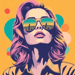 Pop art composition of a stylish woman with wavy hair wearing reflective sunglasses reflecting Seattle skyline, abstract shapes in background, classic advertising vibe, by Warhol, pop art vaporwave