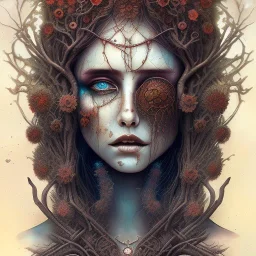 watercolor illustration ,singer Danish MØ, intricate detail , rusty metal, Dryad, sidhe, ominous, portrait,high lighting,