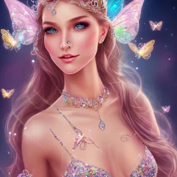  beautiful face princess fairy smiling with sparkle jewel bikini and butterflies in hair