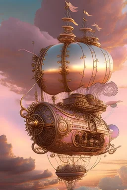 A whimsical steampunk-inspired airship, intricately designed with brass gears, polished wood, and ornate filigree, sailing through cotton-candy clouds at sunset.