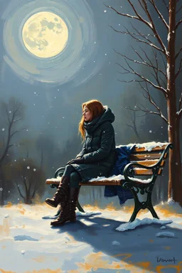 Painting of a lonely young woman. snowy night. sitting on a park bench. city park. full moon. night time oil painting. expressive brush strokes. solitude