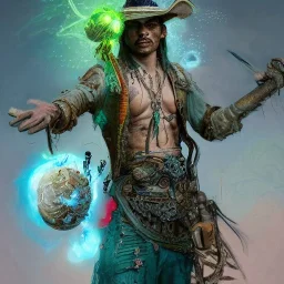 Insanely detailed photograph of an “ a midevil cowboy warrior "with worn Sombrero, handsome charo,cigar,glowing bluish green orb in outstretched hand, hyperdetailed painting by Ismail Inceoglu Huang Guangjian and Dan Witz CGSociety ZBrush Central fantasy art album cover art,8K, hdr, mysterious, flickeringlights ,Stoic