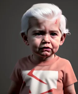 Pedro almodovar toddler, full body, white hair, dramatic lighting, hyper realistic