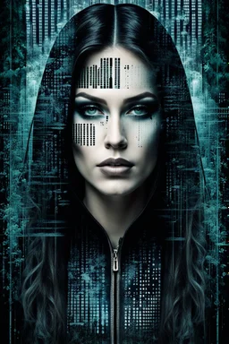 double exposure collage portrait from digital wall in the matrix with binary codes, numbers, strange dark colors plants, shadows and thin black sharp lines with shadows and dark spots. The zippered edge of the photo is down and the background is a young woman's pale face gothic make up, long, big hair. high detailed, cinematic, thriller mood, dark weird art style