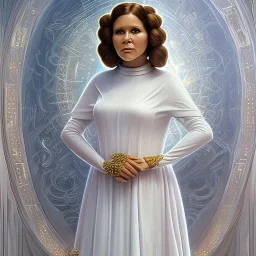 hyperspace background, complete and photo realistic detailed head to waist stunning photo realistic portrait of carrie fisher as Princess Leia in star wars with photo realistic wedding hairstyle by Mandy Jurgens and mucha and Richard Schmid and chuck close and chie yoshii, extraordinary and detailed ceremony dress of star wars,brown eyes