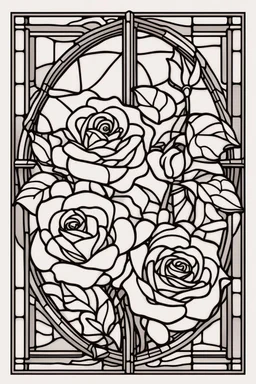 kids coloring page, roses in stained glass window, cartoon style, thick lines, very low detail, no shading